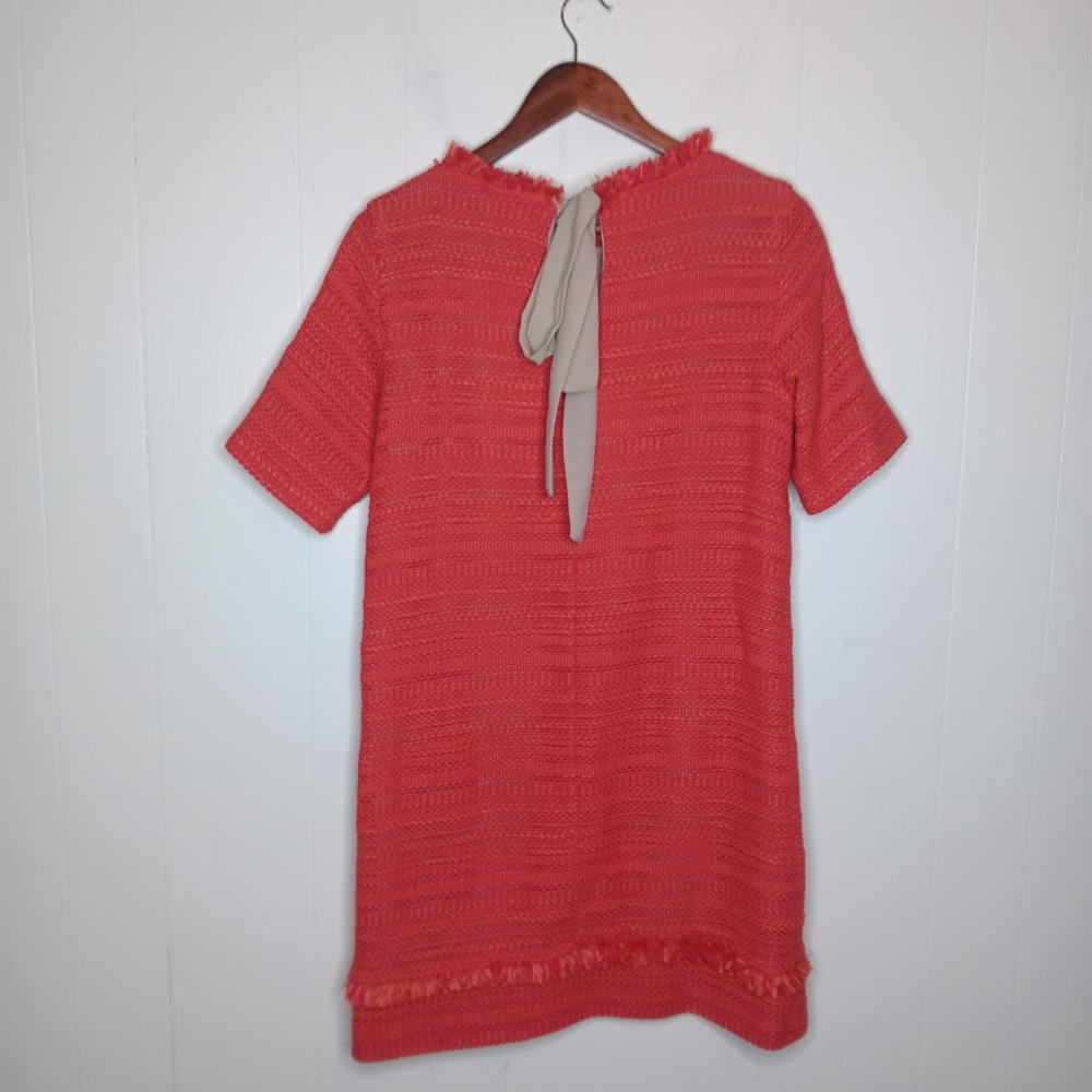 Marella Coral Woven Shift Dress Sz 6 Fringe Rosette Jackie O Preppy Career - Picture 12 of 13